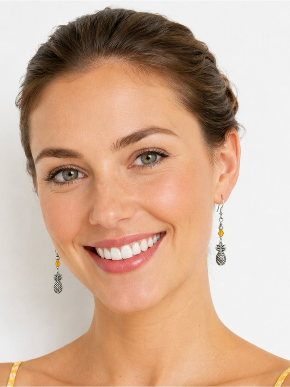 Pineapple Dangle Earrings with Bright Yellow Crystal Beads